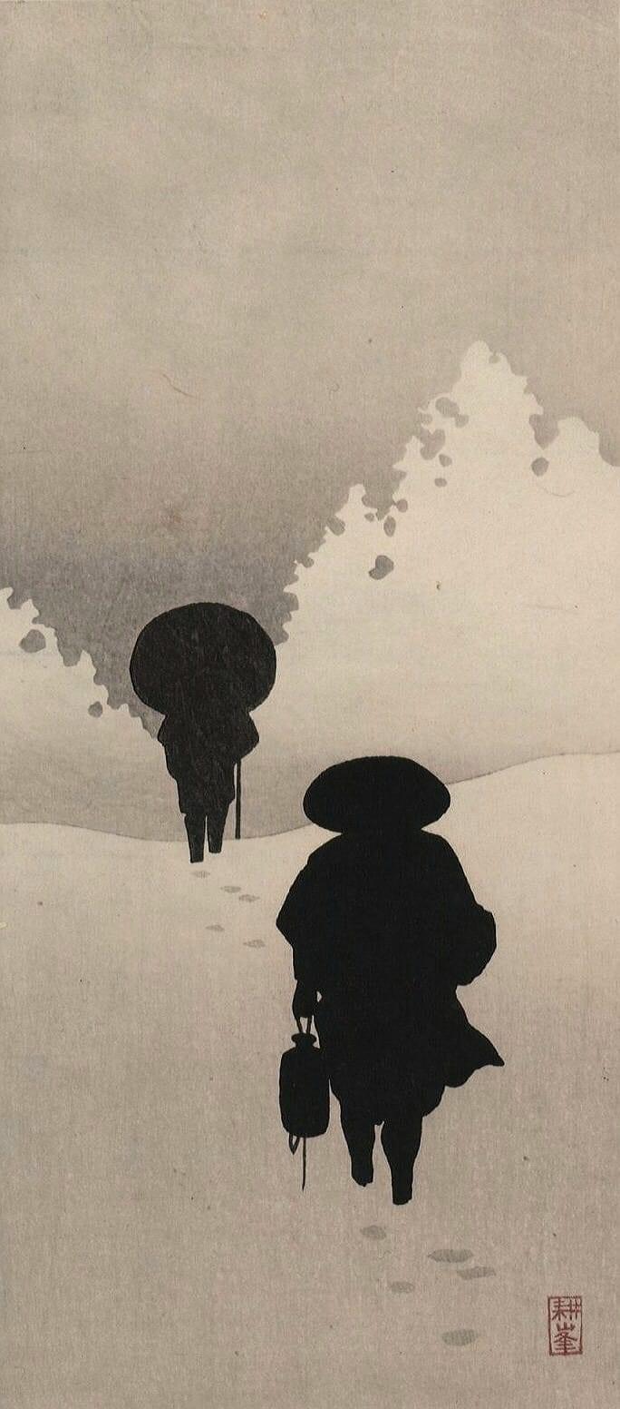 Barbara duBois - Kōhō Shōda (1871-1946), Snowscape Silhouettes, from "Japanese Scenes on Tanzaku" series, 1930s